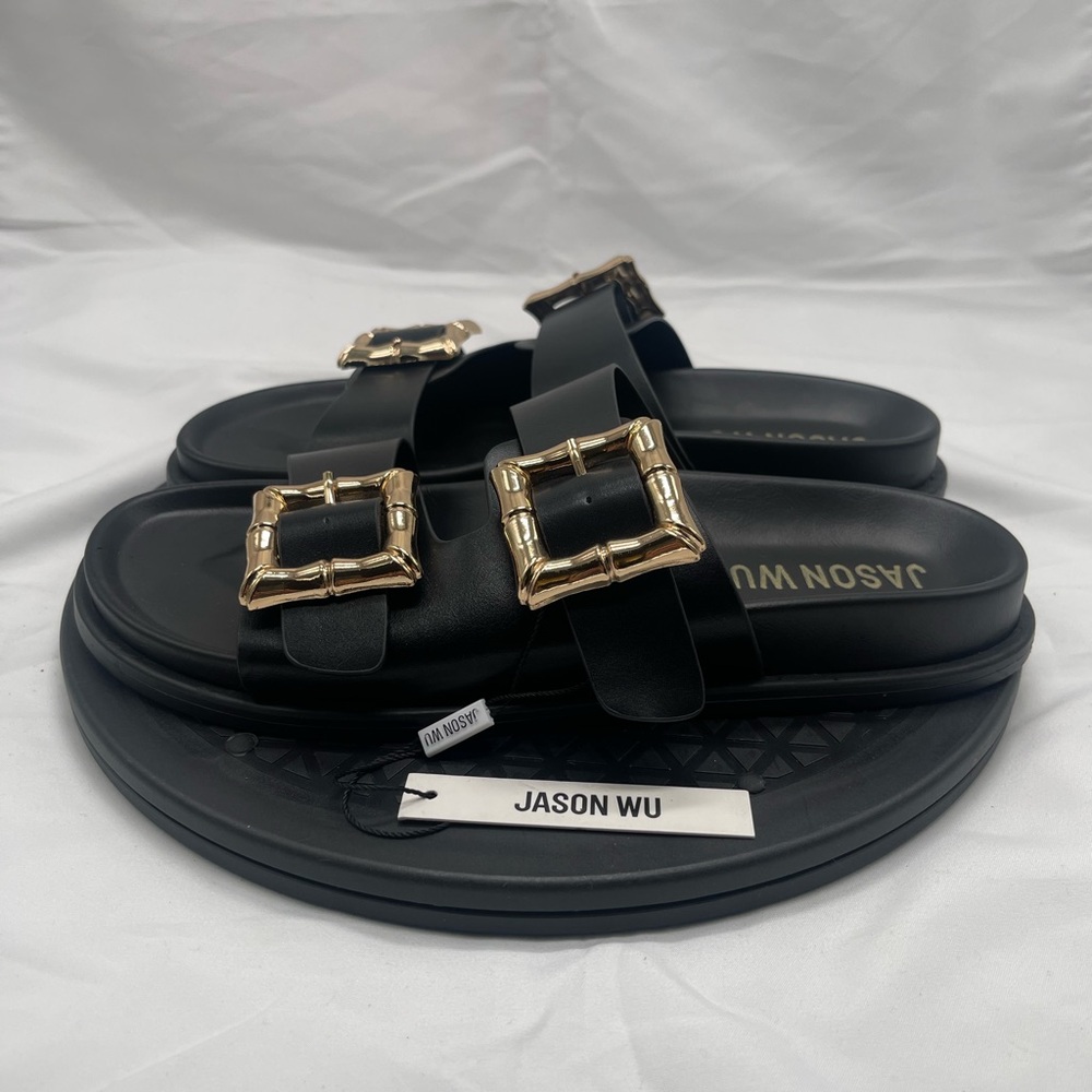NEW Jason Wu Marzan Luxe Gold Brown Strap Women’s Slide Sandals